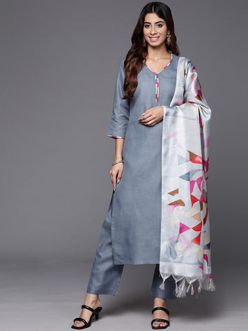 Varanga Women Grey Straight Kurta With Tonal Bottom & Printed Bhaghalpuri Dupatta